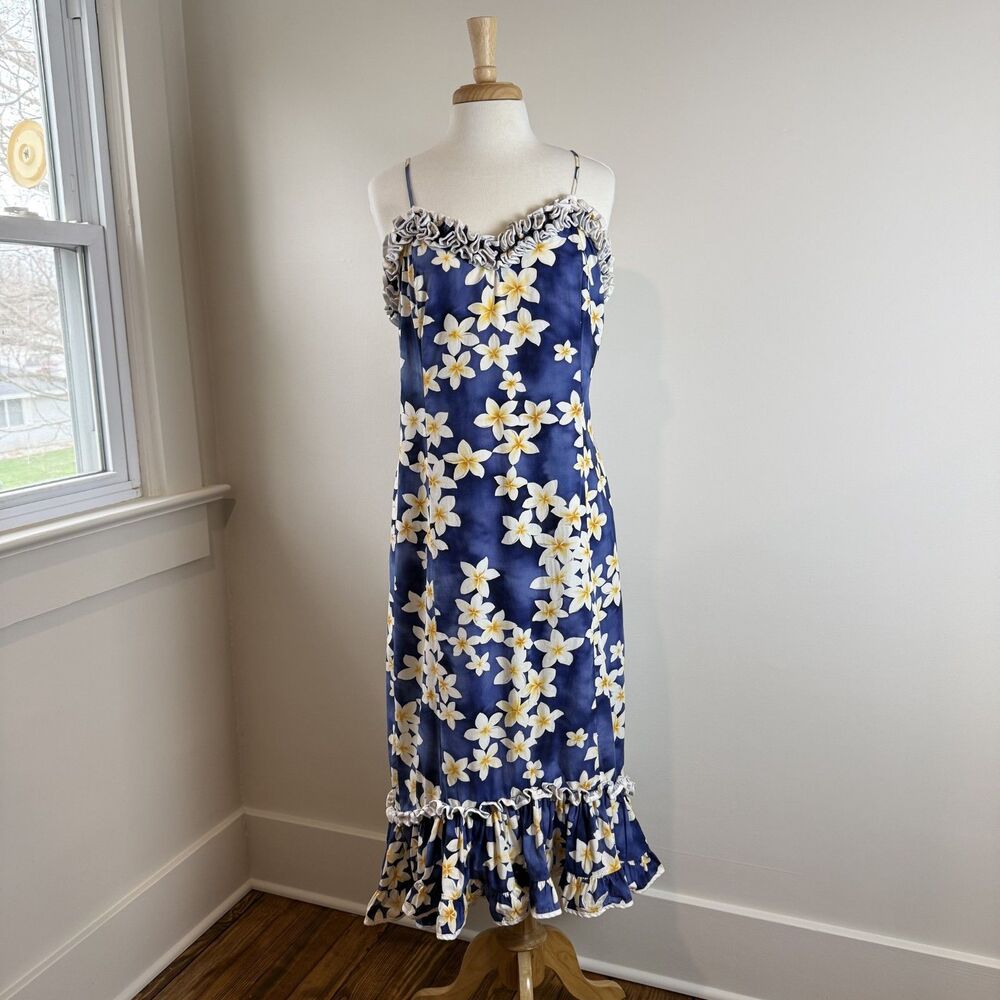 Vintage Royal Creations Hawaiian Cotton Floral Ruffle Trim Bias Maxi Dress